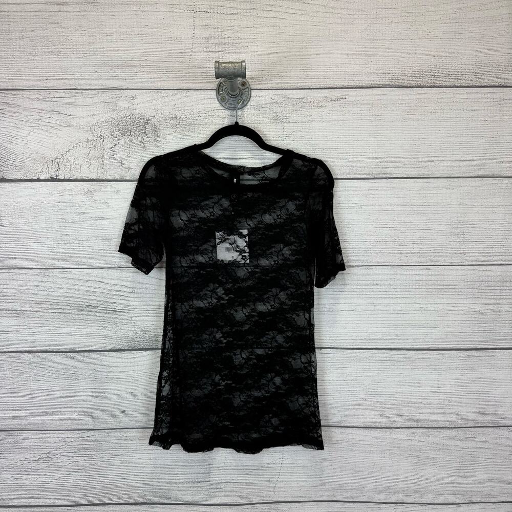 Agnes & Dora Women's Black Lace Sheer Short Sleeve Top Size Small